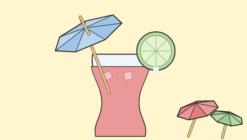 Hình vẽ ô giấy cocktail màu xanh cắm trên ly nước ép cùng lát chanh