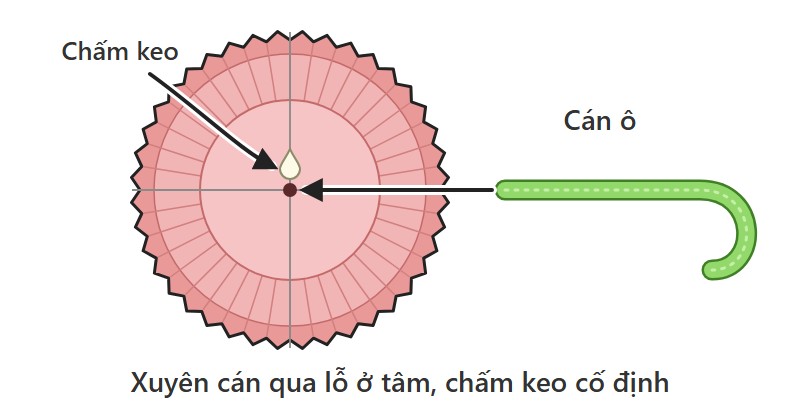 Sơ đồ làm ô cupcake: xuyên dây rửa ống hút qua lỗ ở tâm giấy lót bánh, chấm keo cố định
