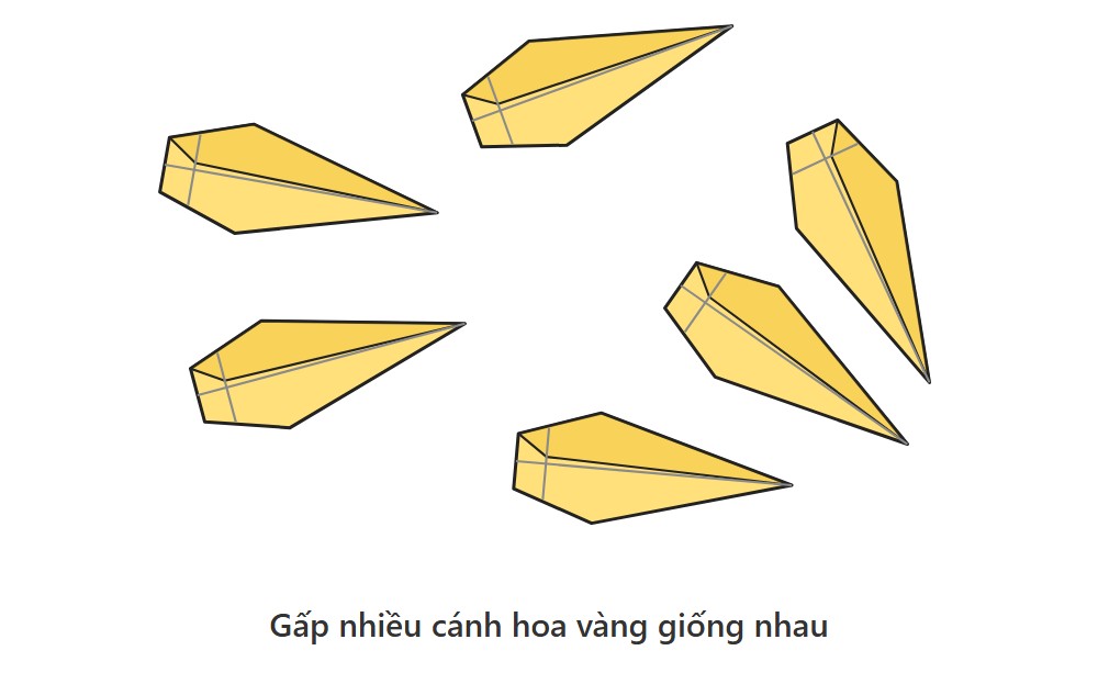 Minh họa nhiều cánh hoa giấy màu vàng đã gấp xong, hình thoi dài nhọn