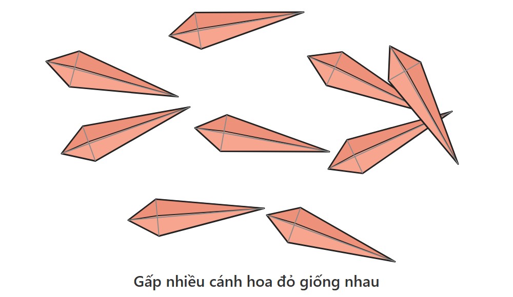 Minh họa nhiều cánh hoa giấy màu đỏ đã gấp xong, thon dài nhọn