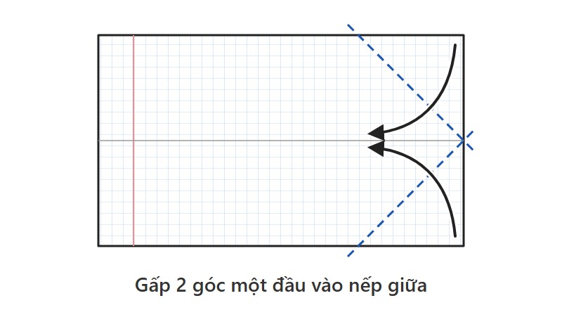 Sơ đồ gấp kiếm Nhật bước 2: gấp hai góc ở một đầu tờ giấy trùng vào nếp giữa