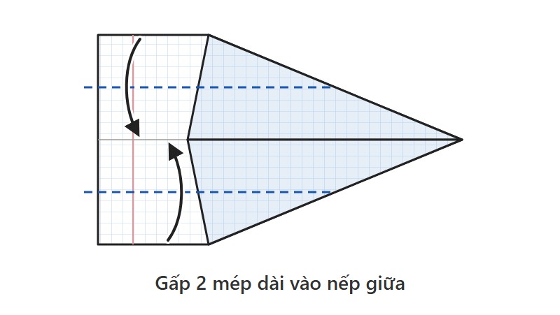 Sơ đồ gấp kiếm Nhật bước 4: gấp hai mép dài của tờ giấy vào trùng nếp giữa