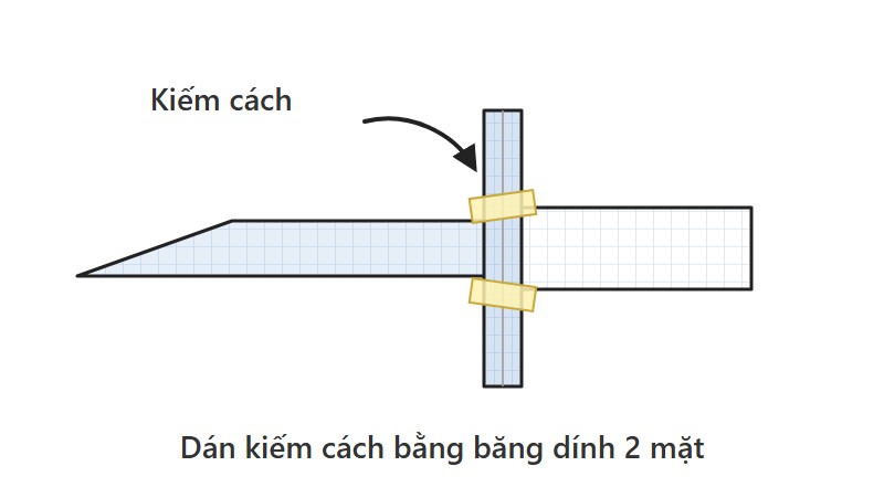 Sơ đồ gấp kiếm Nhật bước 8: dán kiếm cách vào chỗ giáp chuôi và lưỡi bằng băng dính 2 mặt