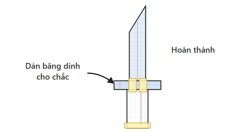 Sơ đồ gấp kiếm Nhật bước 9: kiếm giấy hoàn thành, dán băng dính cố định cho chắc