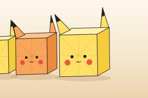 Sơ đồ minh họa hai chú Pikachu gấp giấy dạng hộp vuông màu vàng và cam, tai nhọn đầu đen