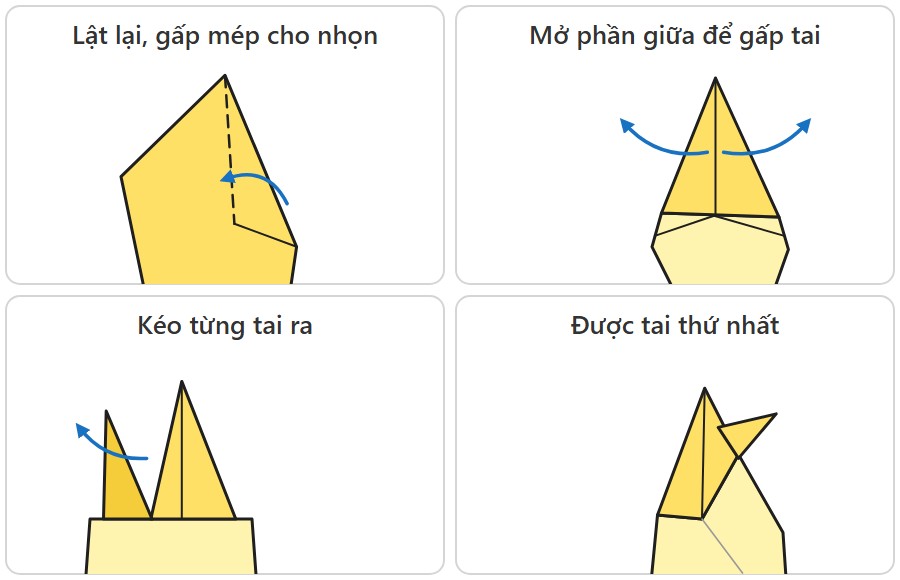 Sơ đồ gấp mép cho nhọn, mở phần giữa và kéo từng tai Pikachu ra hai bên
