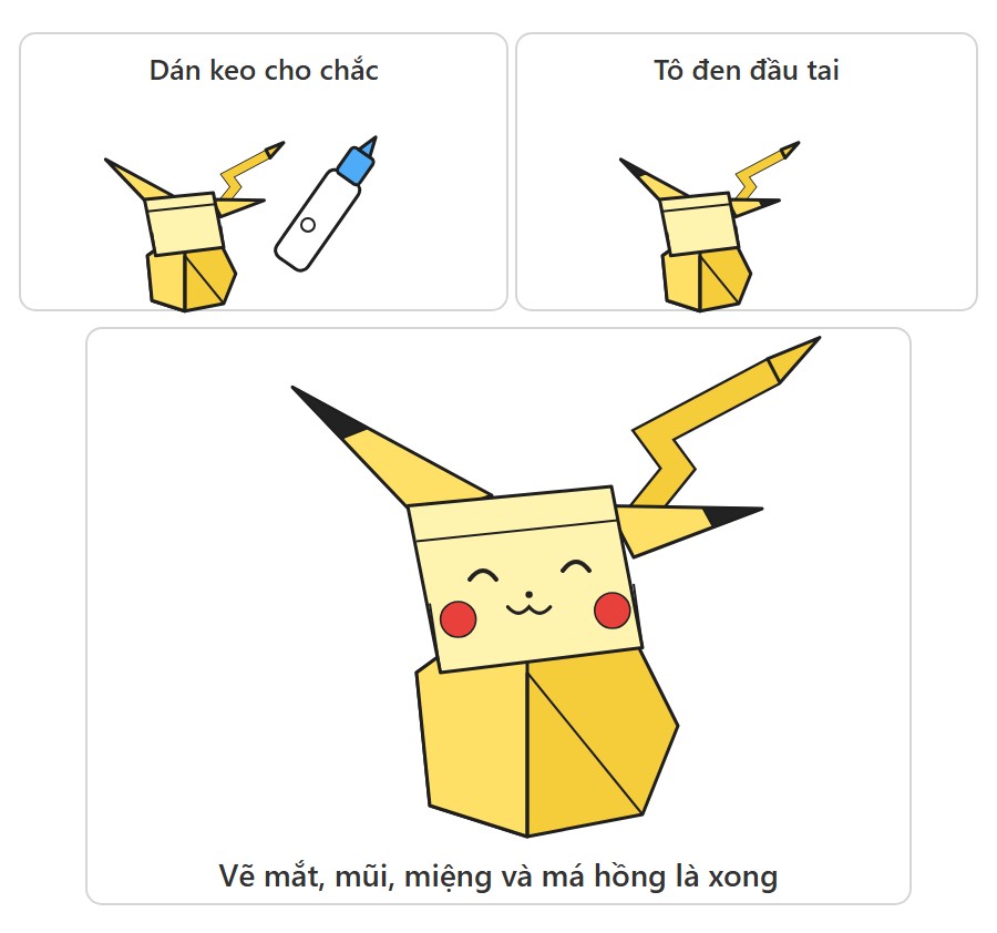 Sơ đồ dán keo cố định, tô đen đầu tai và vẽ mặt cho Pikachu gấp giấy thành phẩm