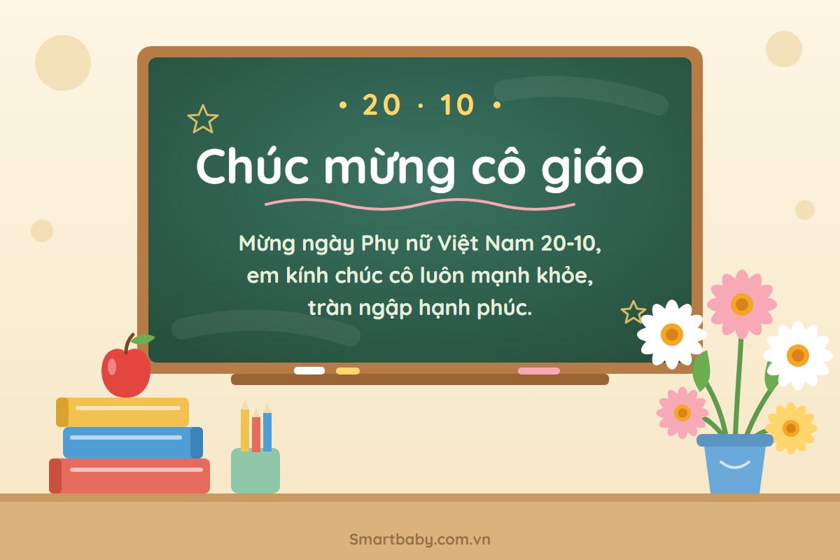 Thiệp 20-10 chúc mừng cô giáo: bảng đen ghi lời chúc, chồng sách, quả táo và lọ hoa cúc