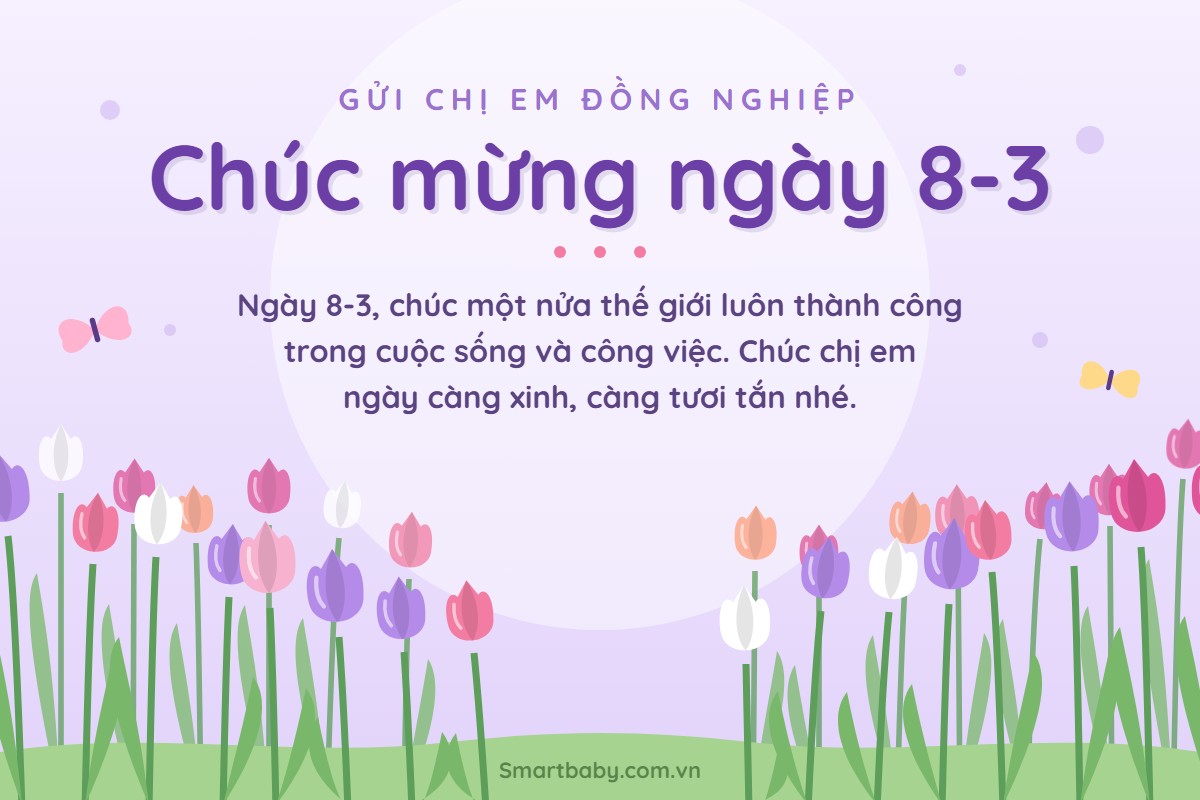 Thiệp chúc mừng ngày 8-3 gửi chị em đồng nghiệp, nền tím nhạt với hàng hoa tulip nhiều màu