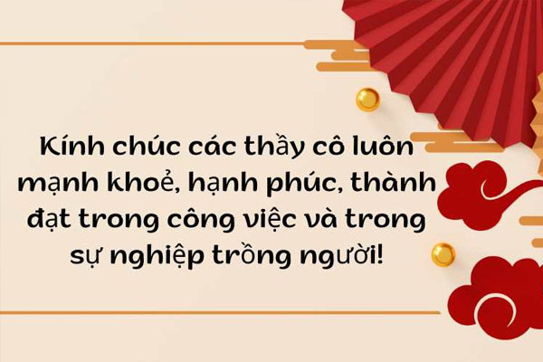 Thiệp chúc mừng năm mới thầy cô nền kem, quạt giấy đỏ: kính chúc thầy cô mạnh khỏe, thành đạt
