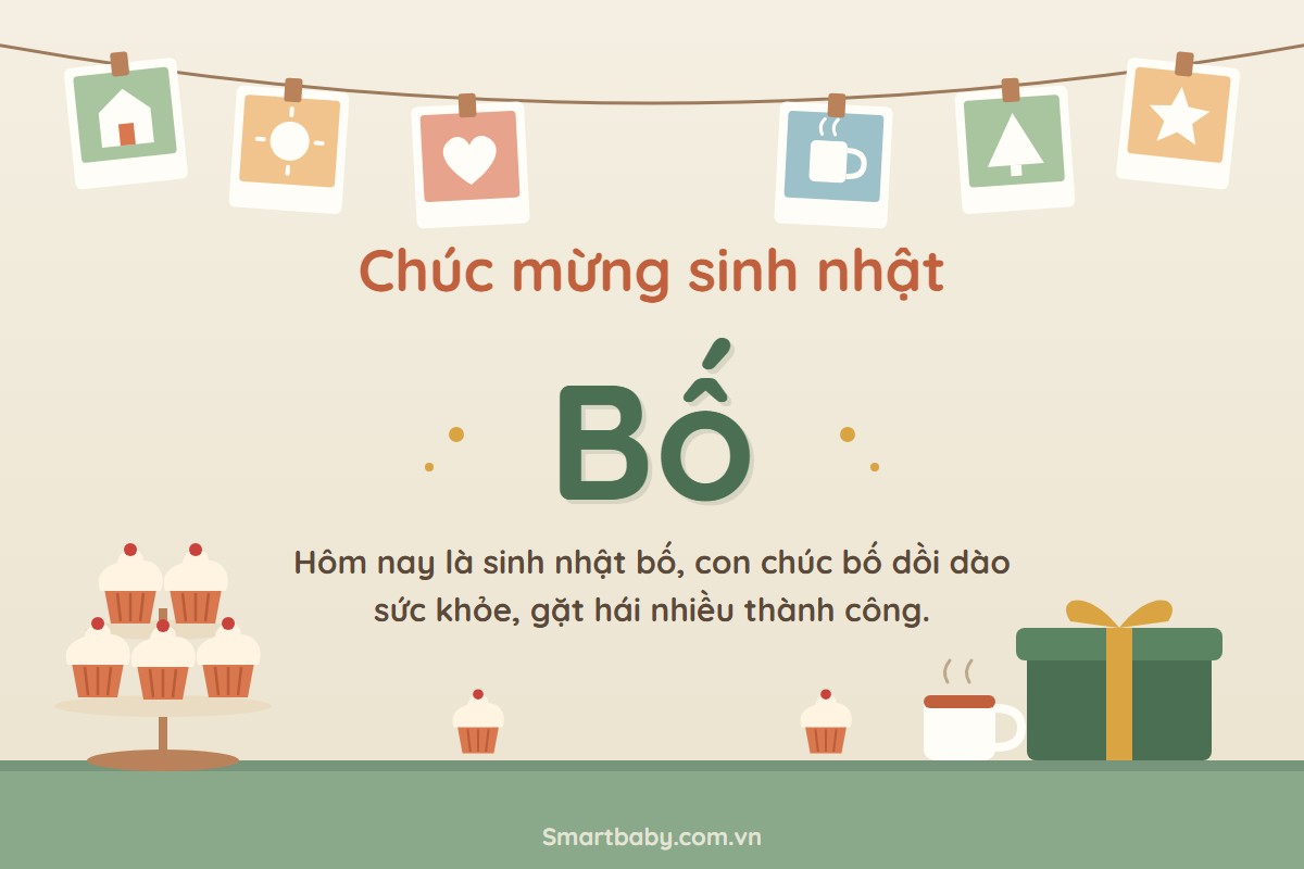 Thiệp chúc mừng sinh nhật bố: dây treo khung hình vẽ, khay bánh cupcake, cốc trà và hộp quà