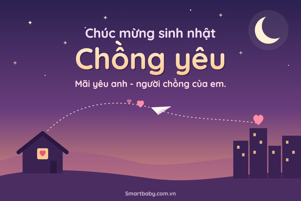 Thiệp sinh nhật chồng yêu ở xa: trời hoàng hôn tím, máy bay giấy nối ngôi nhà với thành phố