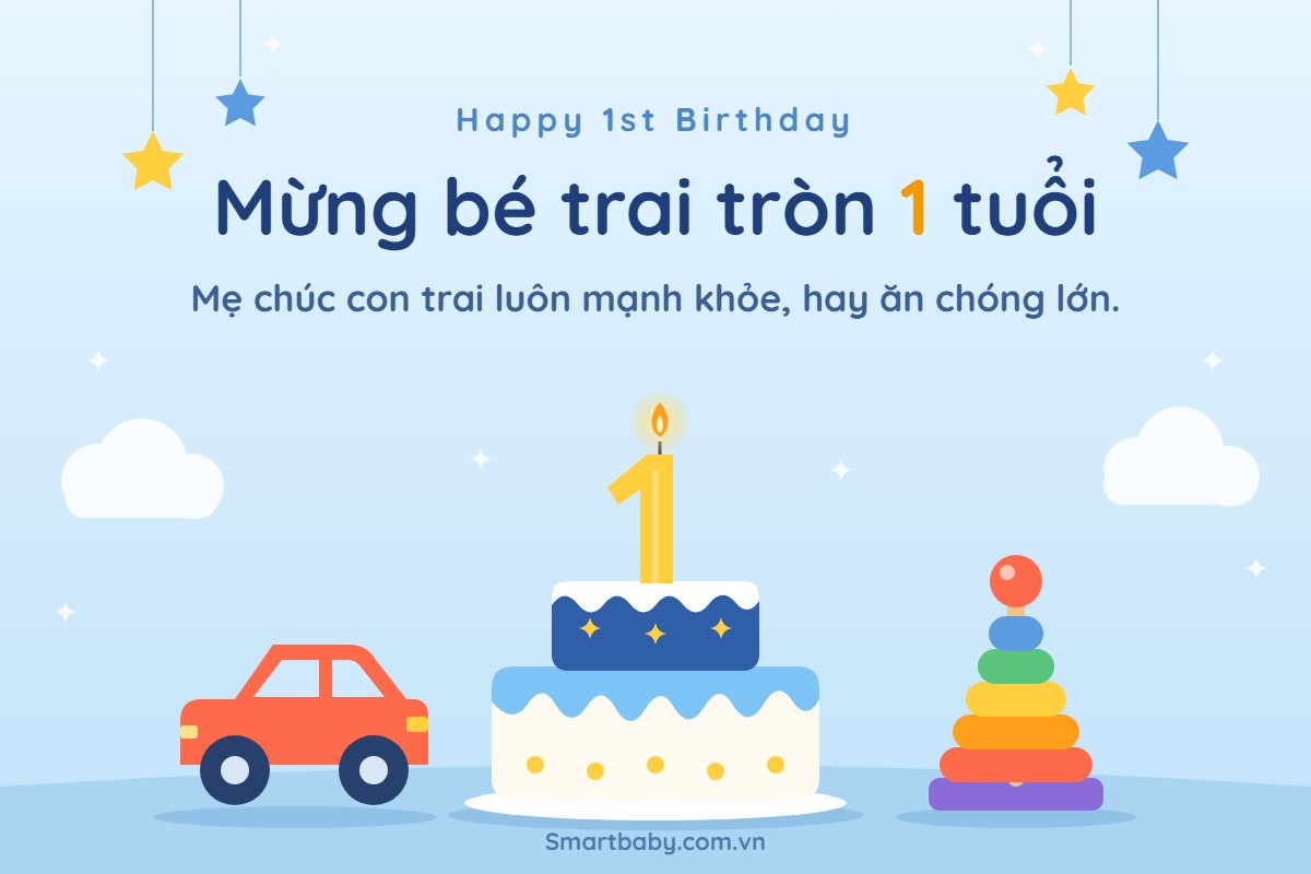 Thiệp mừng bé trai tròn 1 tuổi: bánh kem xanh cắm nến số 1, ô tô đồ chơi và tháp vòng sắc màu
