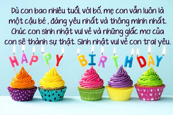 Thiệp cupcake cắm nến chữ Happy Birthday kèm lời chúc sinh nhật vui vẻ con trai yêu