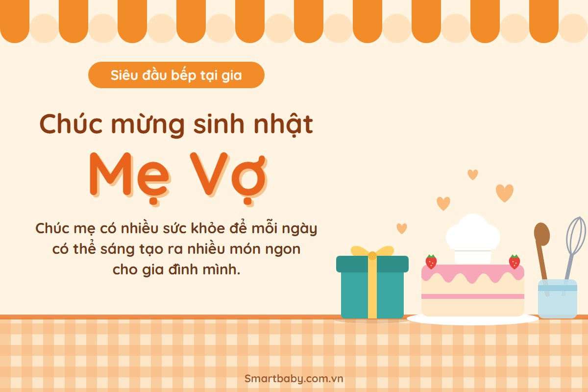Thiệp sinh nhật mẹ vợ – siêu đầu bếp tại gia: bánh kem dâu đội mũ đầu bếp, hộp quà, khăn bàn caro
