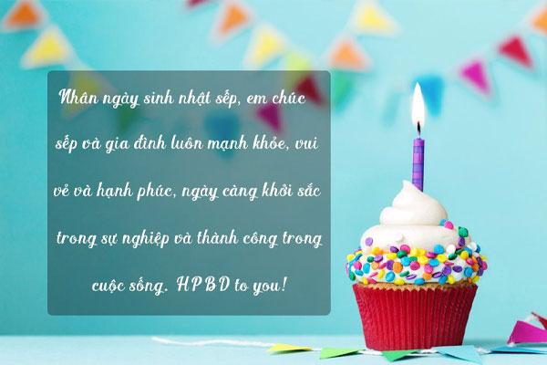 Thiệp chúc mừng sinh nhật sếp bên chiếc cupcake rắc cốm màu cắm một ngọn nến tím