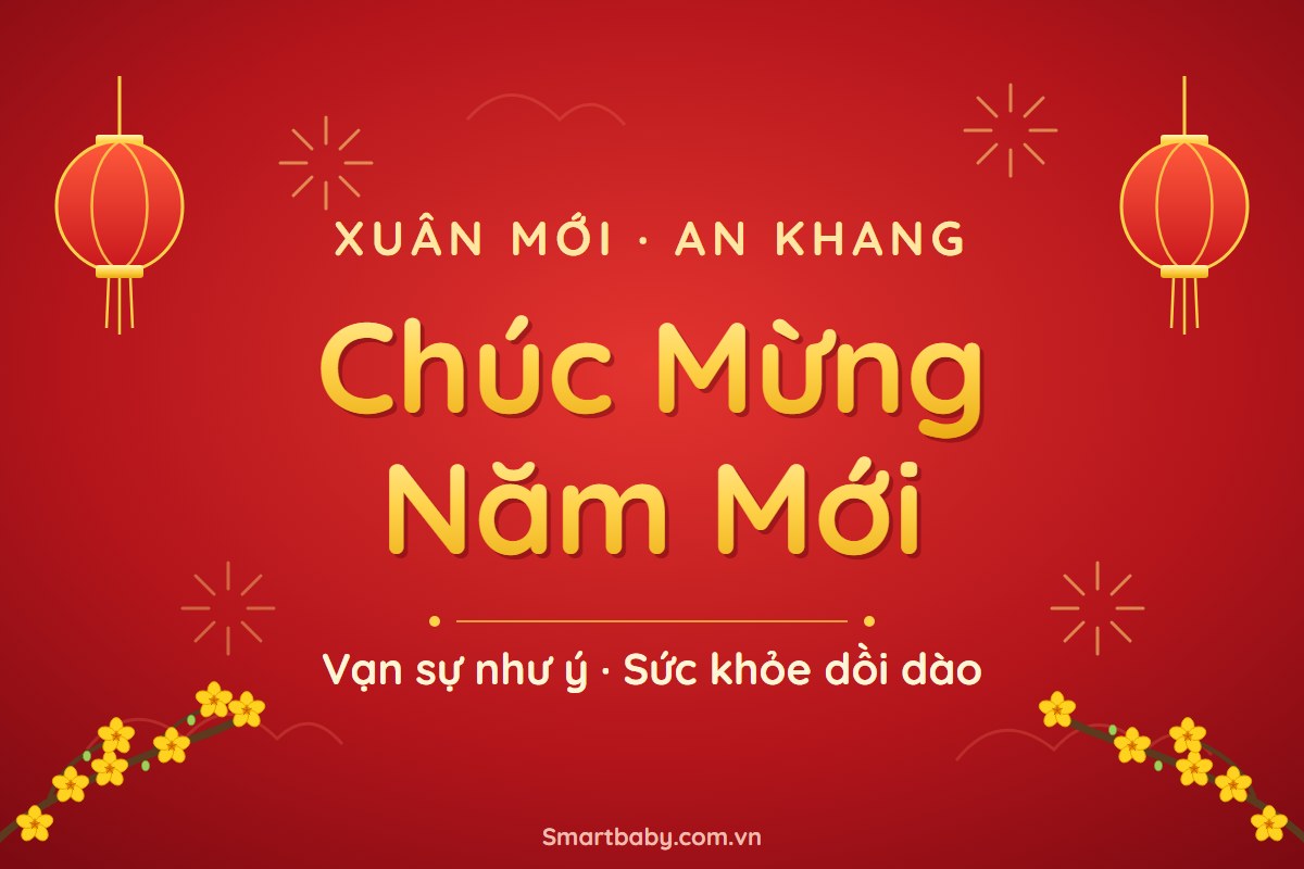 Thiệp chúc mừng năm mới nền đỏ, chữ vàng, đèn lồng và cành mai vàng