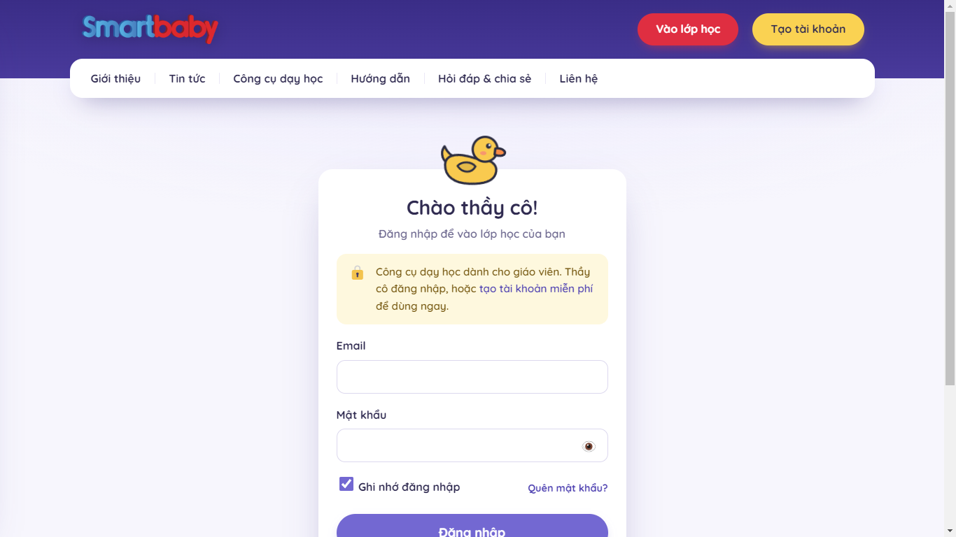 Trang đăng nhập Chào thầy cô với ô nhắc Công cụ dạy học dành cho giáo viên, tạo tài khoản miễn phí