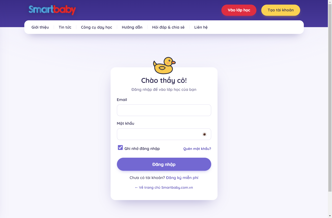 Trang đăng nhập Chào thầy cô với ô email, mật khẩu, Ghi nhớ đăng nhập và liên kết Quên mật khẩu