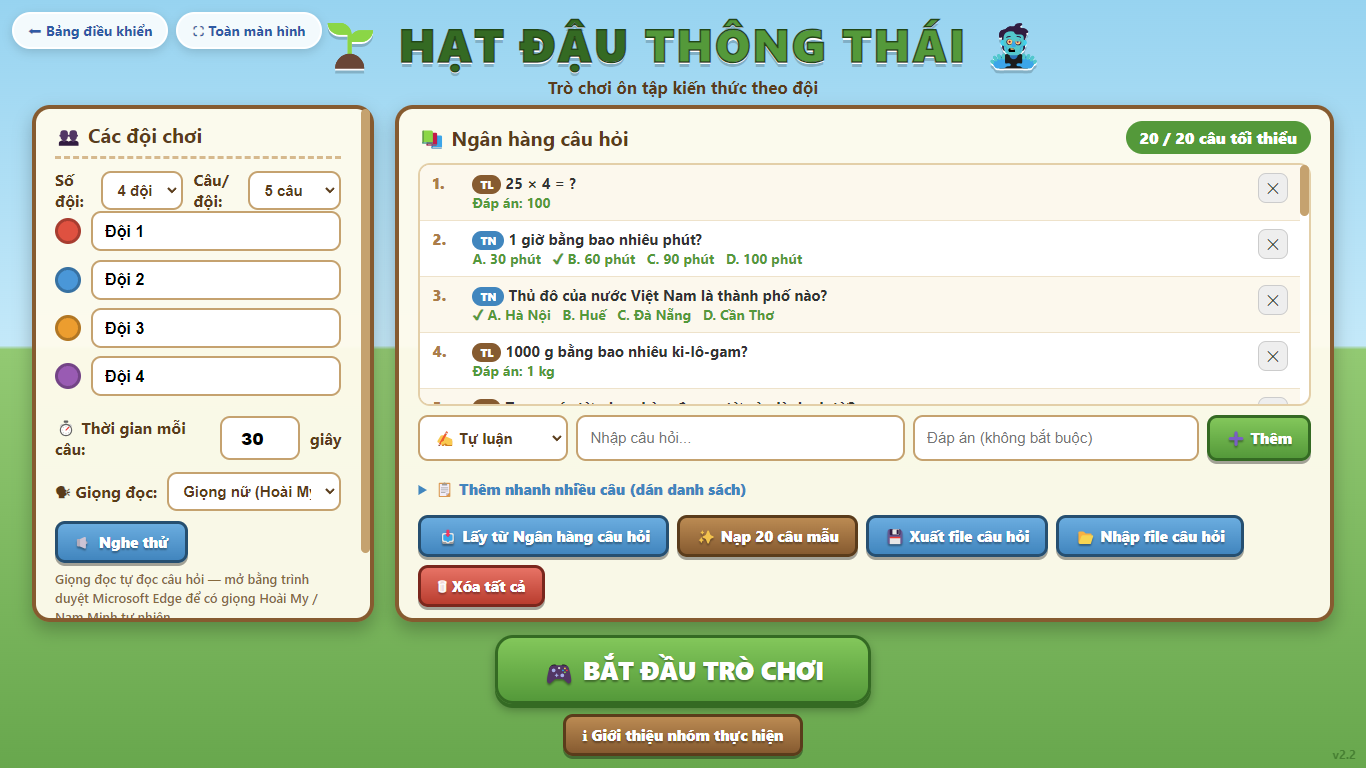 Màn hình thiết lập bản web: 4 đội, 5 câu mỗi đội, thời gian 30 giây, giọng đọc và danh sách 20 câu hỏi