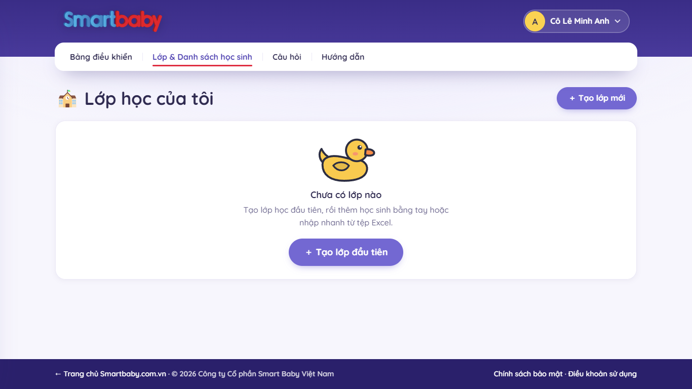 Trang Lớp học của tôi khi chưa có lớp nào, có nút Tạo lớp đầu tiên và Tạo lớp mới