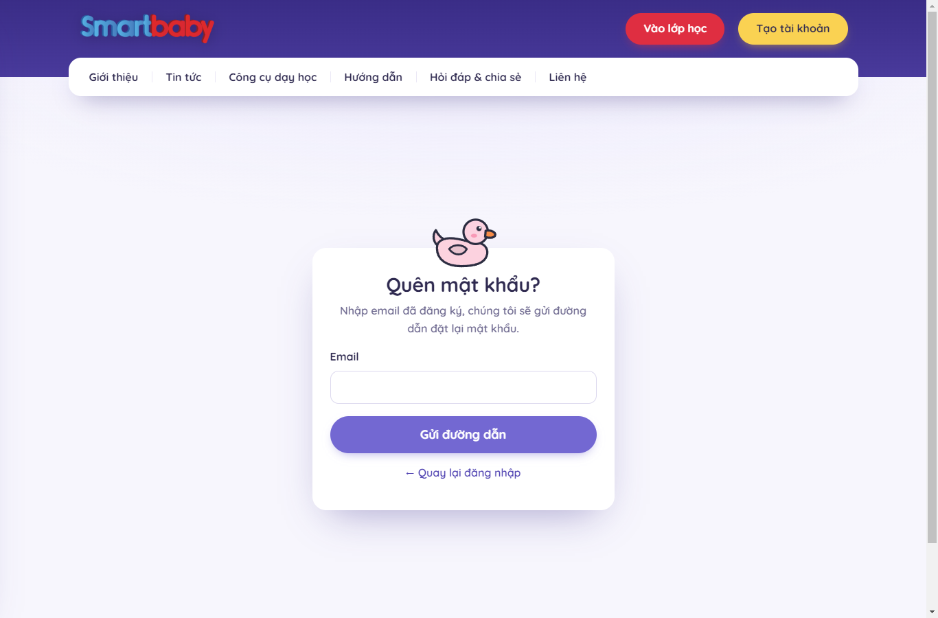 Trang Quên mật khẩu: nhập email đã đăng ký rồi bấm Gửi đường dẫn đặt lại mật khẩu