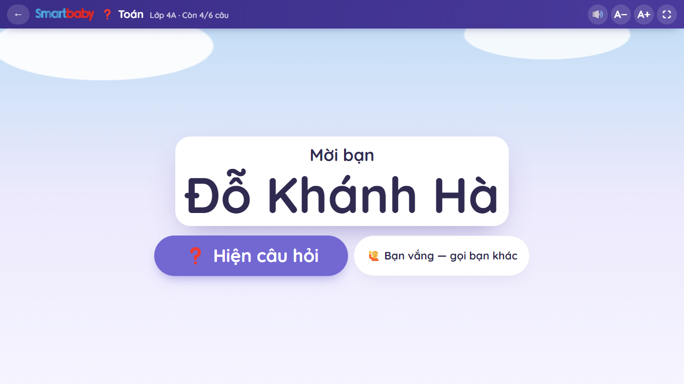Màn chiếu Mời bạn Đỗ Khánh Hà với nút Hiện câu hỏi và nút Bạn vắng gọi bạn khác