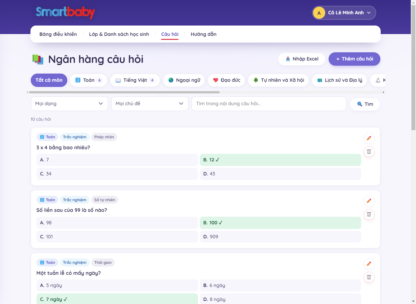 Ngân hàng 10 câu hỏi: Toán 6 câu, Tiếng Việt 4 câu, câu trắc nghiệm 3 x 4 có đáp án B đúng