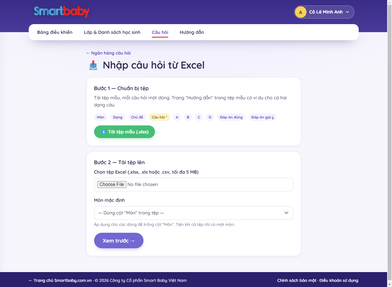Trang Nhập câu hỏi từ Excel với nút Tải tệp mẫu, ô chọn tệp, Môn mặc định và nút Xem trước