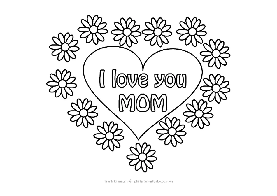 Tranh tô màu 8/3 – trái tim I love you Mom giữa vòng hoa cúc