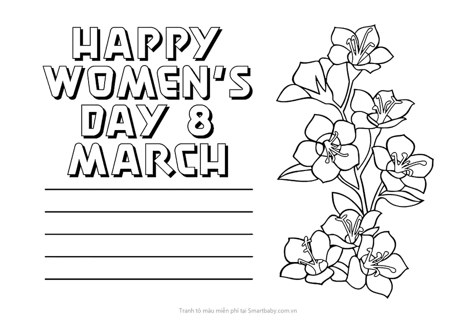 Tranh tô màu 8/3 – thiệp chữ Happy Women's Day có dòng kẻ và cành hoa
