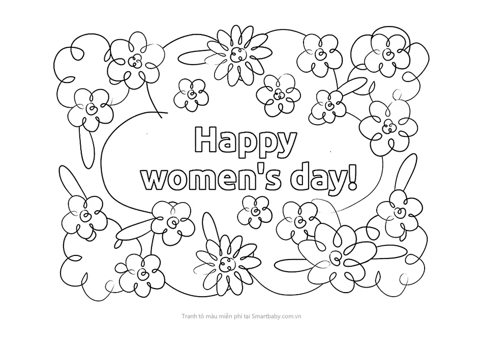 Tranh tô màu 8/3 – lời chúc Happy women's day trong khung hoa dày