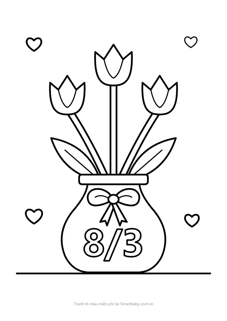 Tranh tô màu 8/3 – bình hoa tulip thắt nơ có chữ 8/3