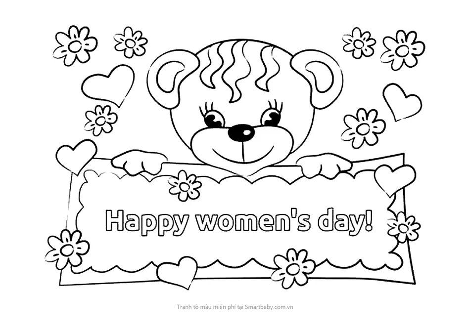 Tranh tô màu 8/3 – gấu con cầm biển Happy women's day