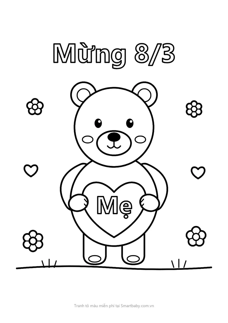 Tranh tô màu 8/3 – gấu con ôm trái tim có chữ Mẹ