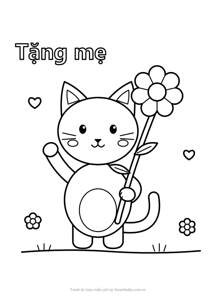 Tranh tô màu 8/3 – mèo con vẫy tay, cầm bông hoa to tặng mẹ