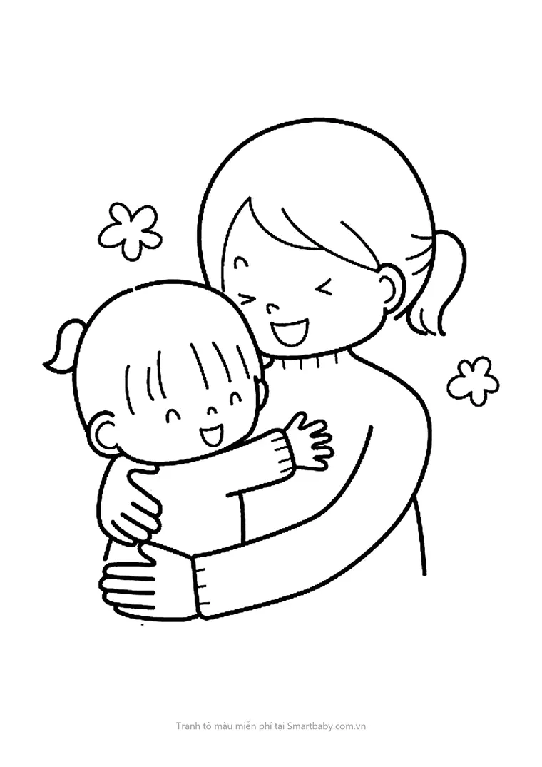 Tranh tô màu 8/3 – mẹ và bé gái ôm nhau cười tít mắt