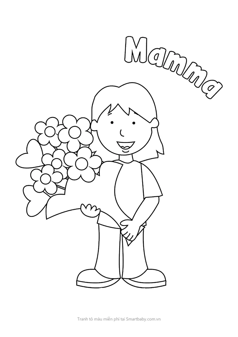 Tranh tô màu 8/3 – bạn nhỏ ôm bó hoa to dưới chữ Mamma