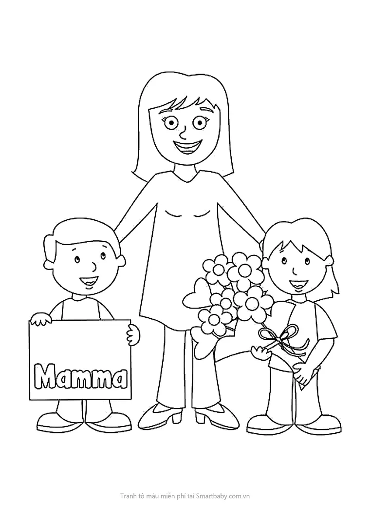 Tranh tô màu 8/3 – mẹ và hai con cầm biển Mamma, bó hoa