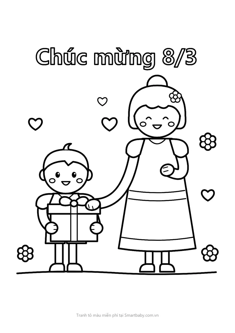 Tranh tô màu 8/3 – bé trai tặng mẹ hộp quà thắt nơ