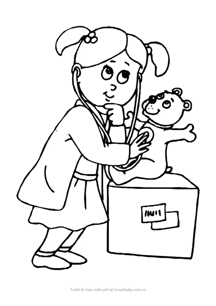 Tranh tô màu bác sĩ đẹp – bé gái đeo ống nghe khám cho gấu con