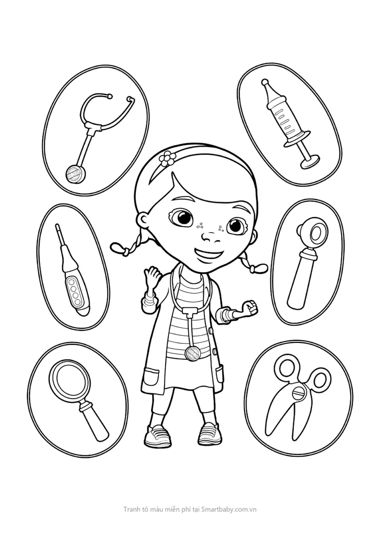 Tranh tô màu bác sĩ đẹp – Doc McStuffins và sáu dụng cụ khám bệnh