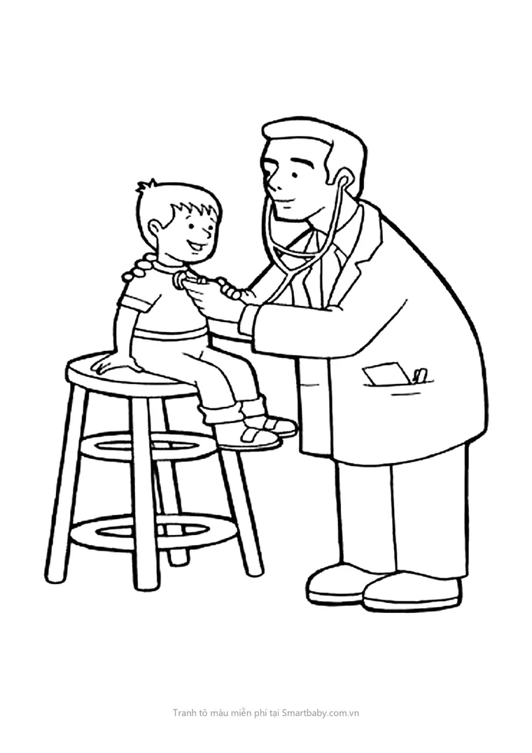 Tranh tô màu bác sĩ đẹp – bác sĩ nghe tim cho bé ngồi ghế đẩu