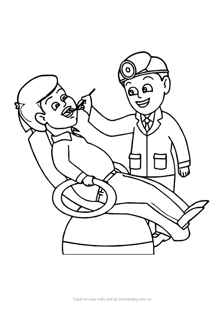 Tranh tô màu bác sĩ đẹp – cậu bé nha sĩ khám răng cho bệnh nhân