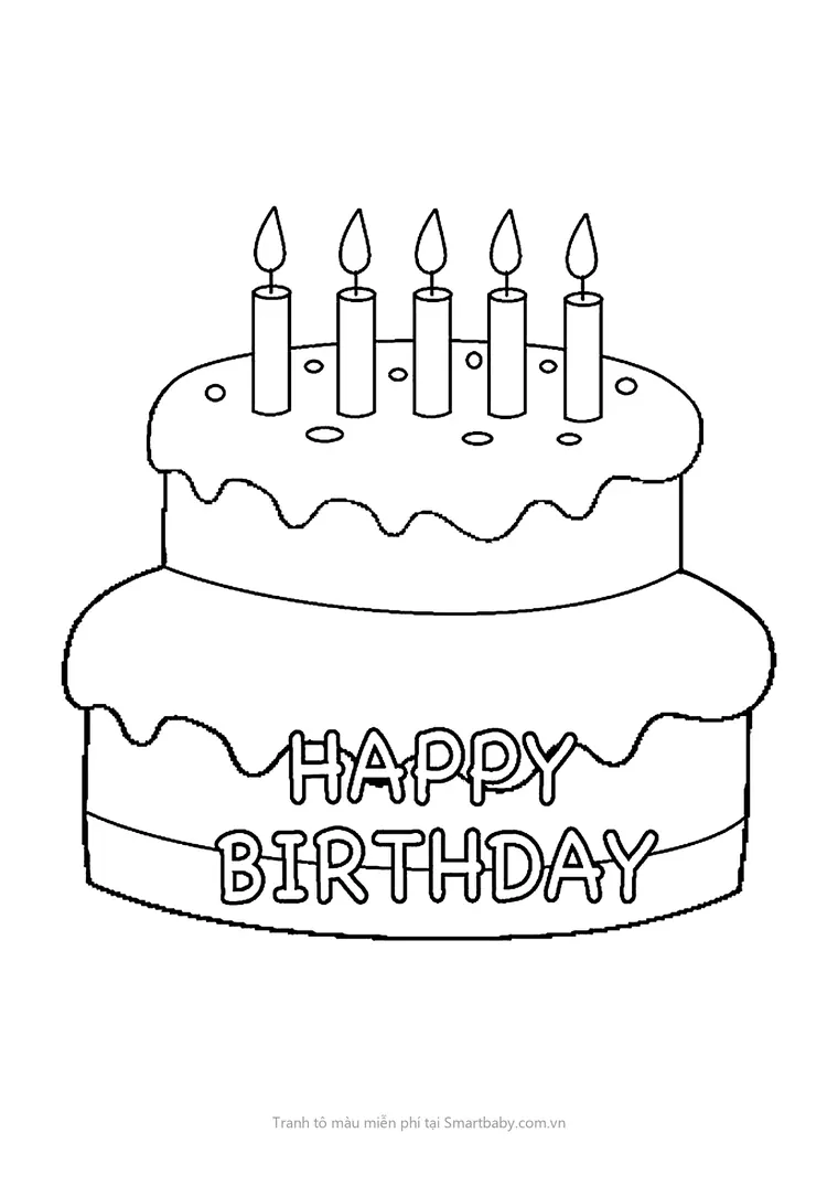 Tranh tô màu bánh sinh nhật – bánh hai tầng chữ Happy Birthday rỗng