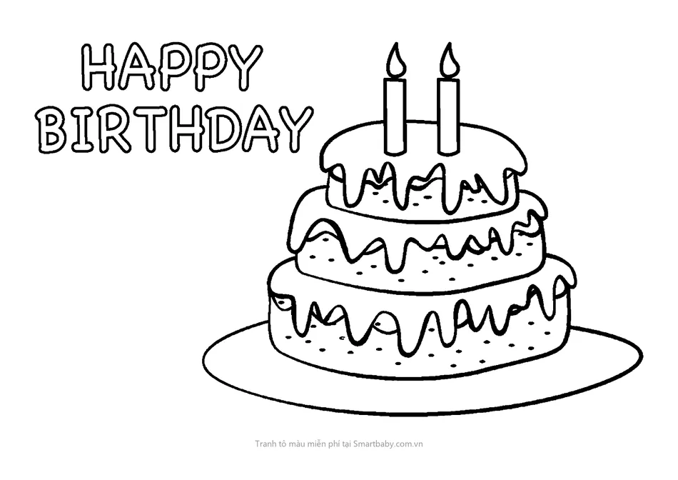 Tranh tô màu bánh sinh nhật – bánh ba tầng bên chữ Happy Birthday