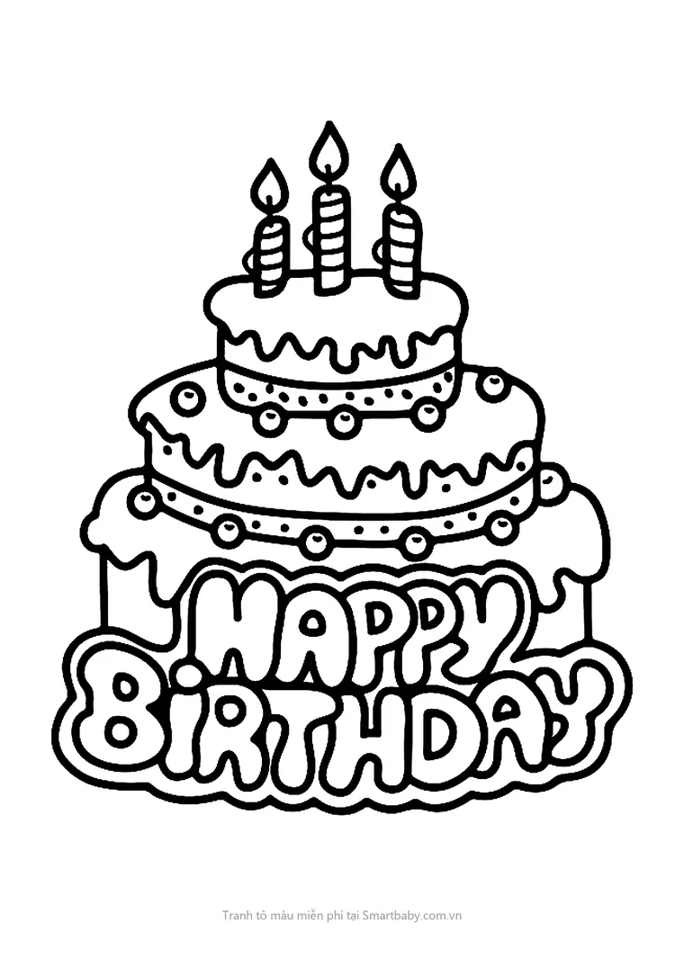 Tranh tô màu bánh sinh nhật – chữ Happy Birthday bong bóng dưới bánh ba tầng