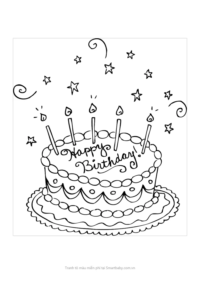Tranh tô màu bánh sinh nhật – bánh viết chữ Happy Birthday uốn lượn