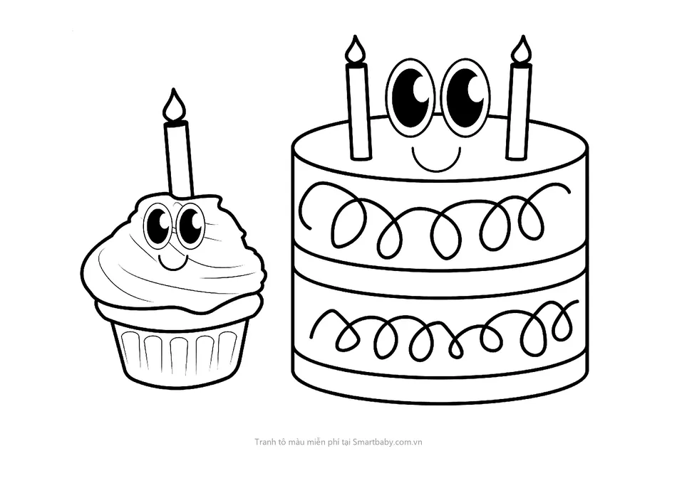 Tranh tô màu bánh sinh nhật – cupcake và bánh kem có mắt tròn
