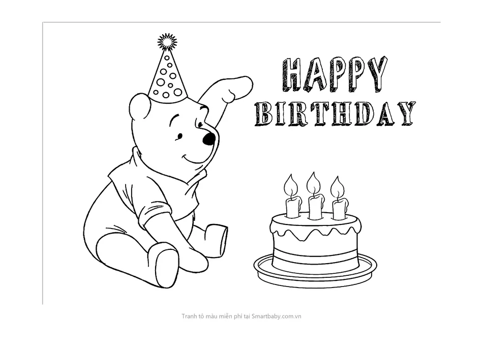 Tranh tô màu bánh sinh nhật – gấu Pooh đội mũ bên bánh ba nến